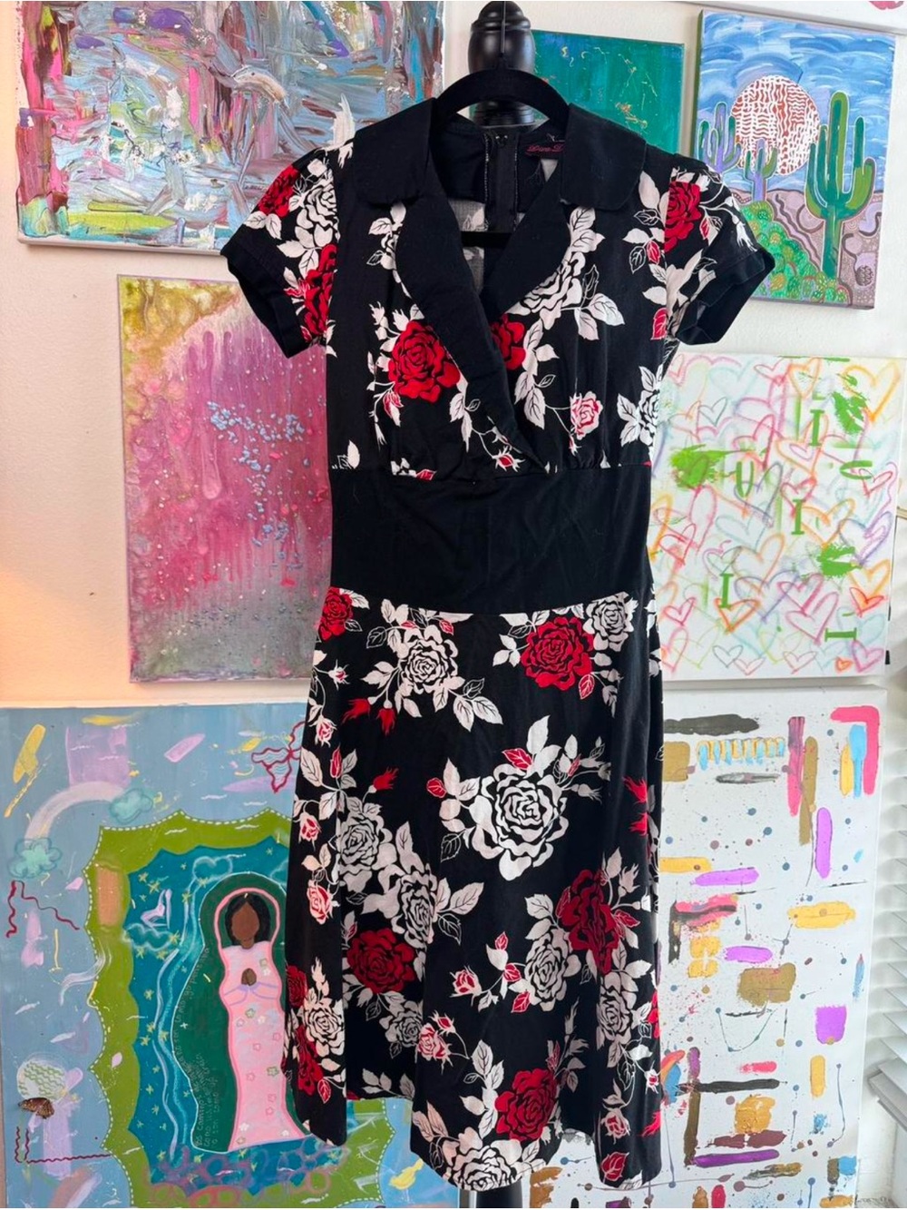 Black Floral Midi Dress with Red and White Roses